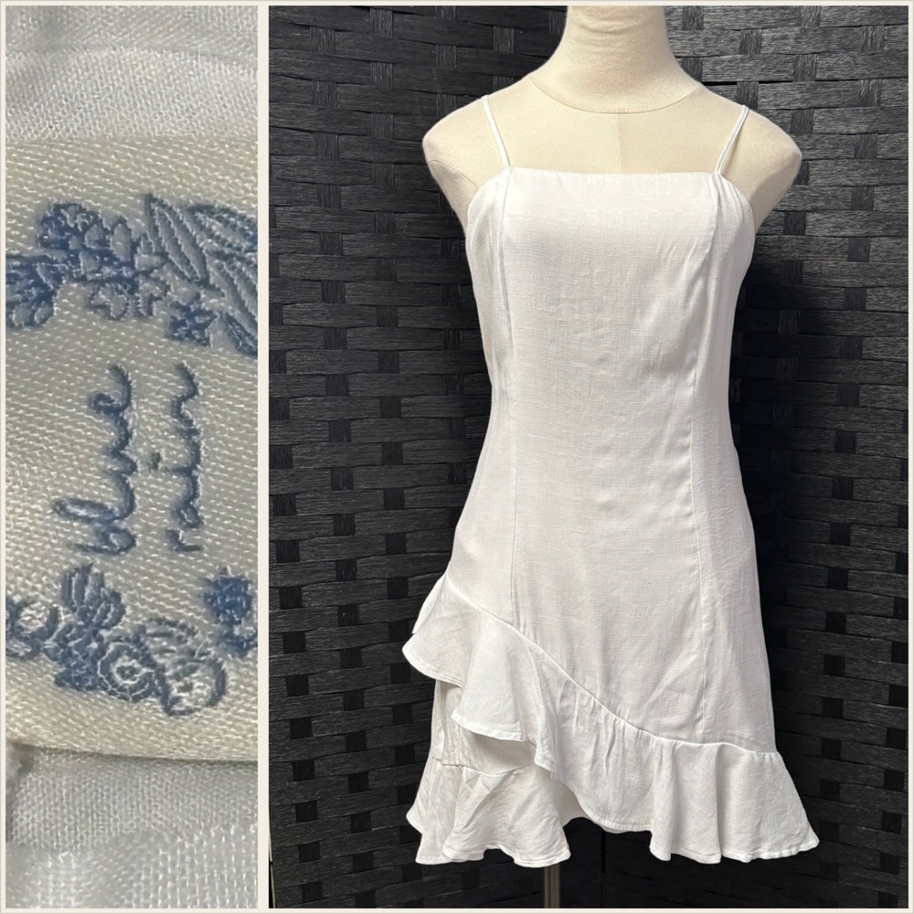 Blue Rain Junior Large White Square Neck Ruffle Hem Spaghetti‎ Strap Mini